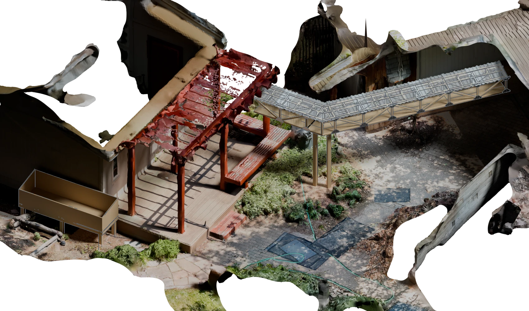 Render of a catio placed in a 3D scan of the yard it was designed for