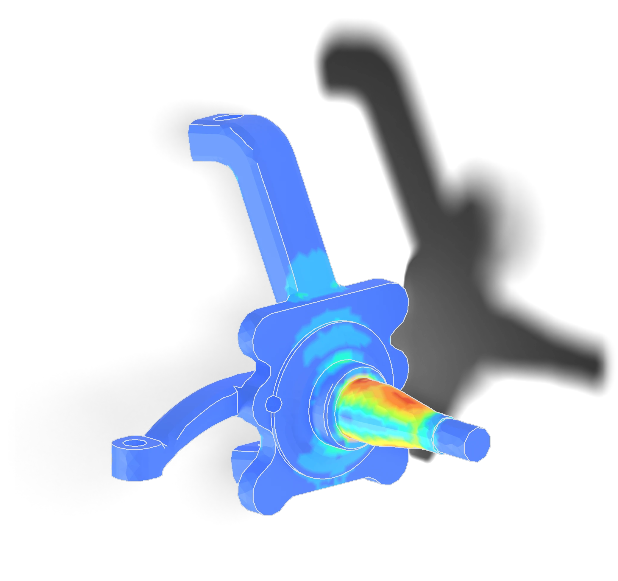 Stress plot of a Mustang II steering knuckle under a hard cornering load, highest stress in red at the root of the wheel spindle