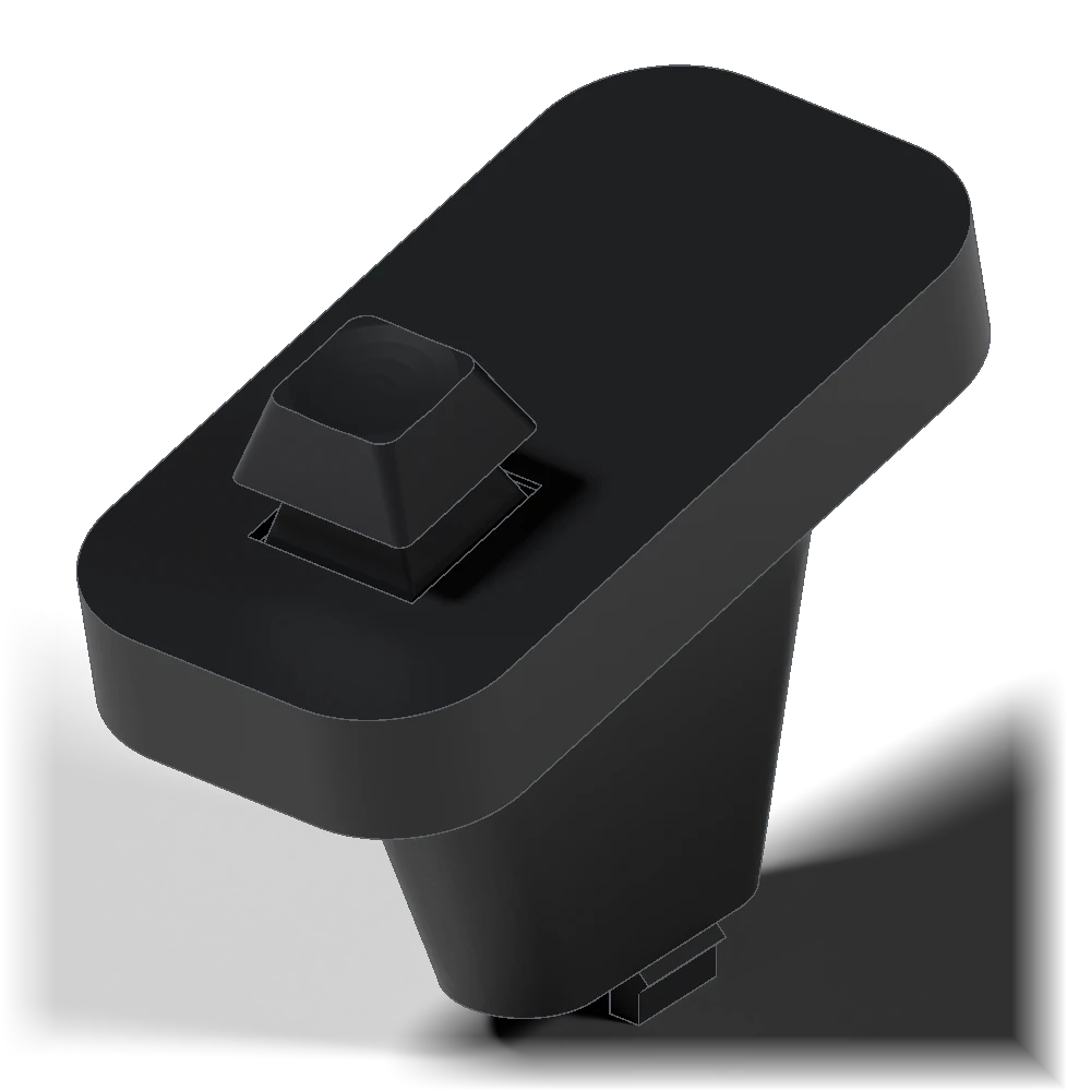 Render of the SuperSeat button module: black housing and cap with a blank black keycap on an MX switch