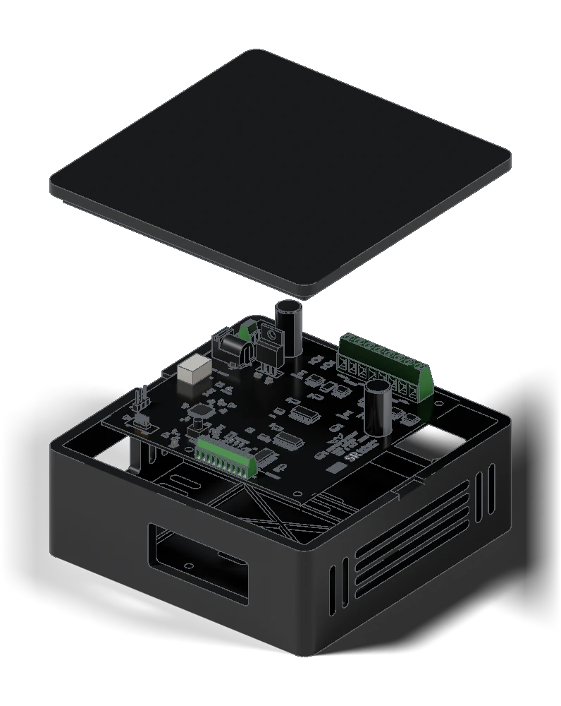Exploded render of the SuperSeat controller and its 3D-printed enclosure