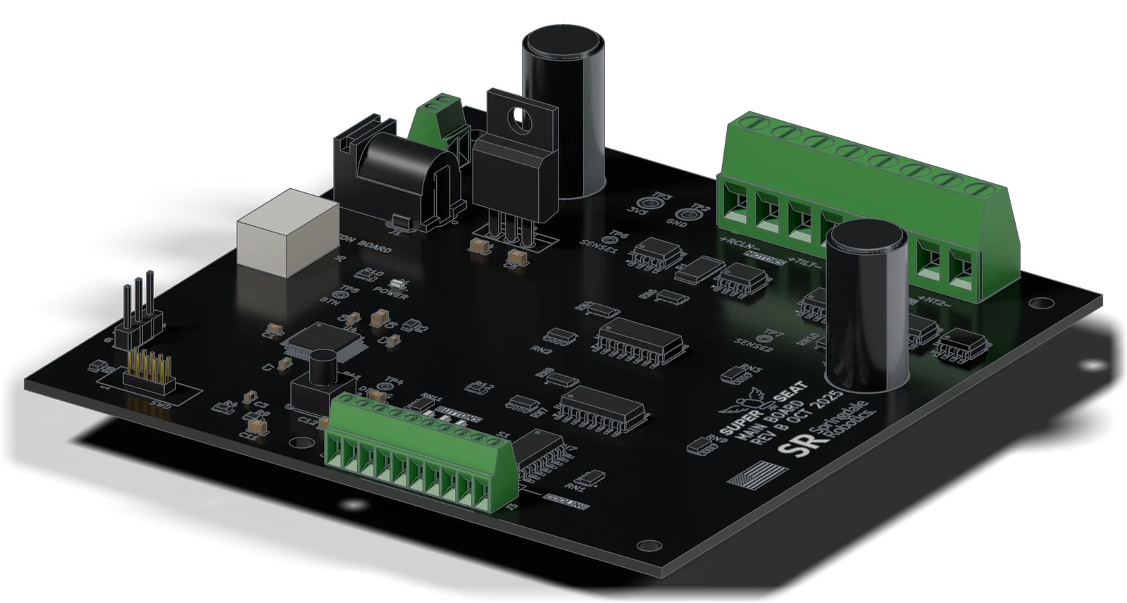 Render of the SuperSeat Rev B main board: black solder mask, green screw terminals, two electrolytic capacitors and a barrel jack