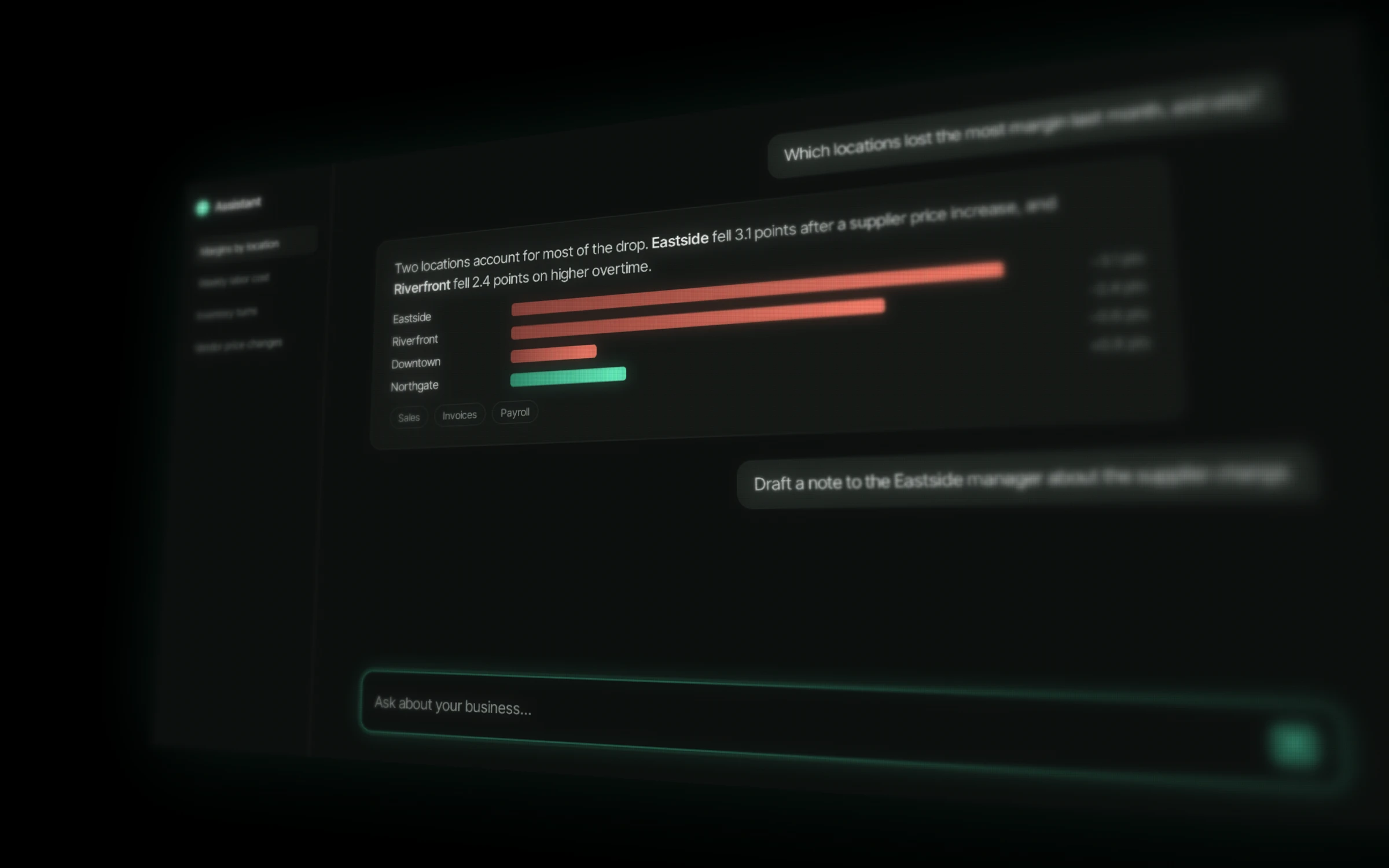 Example chat interface answering which locations lost margin, with a bar chart, using sample data