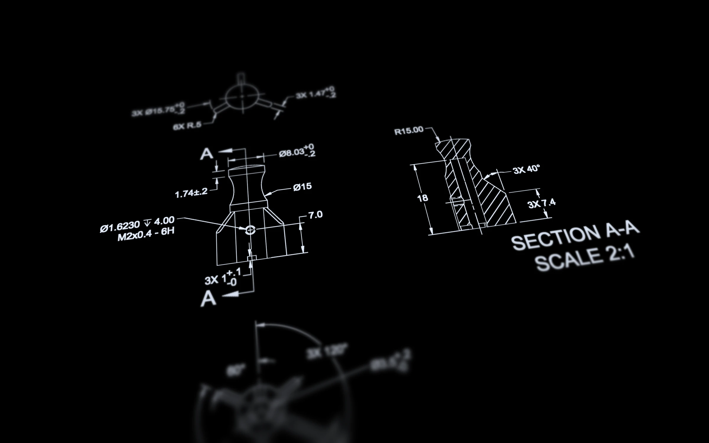 Manufacturing drawing of a turned part, tilted with the front view and section in focus